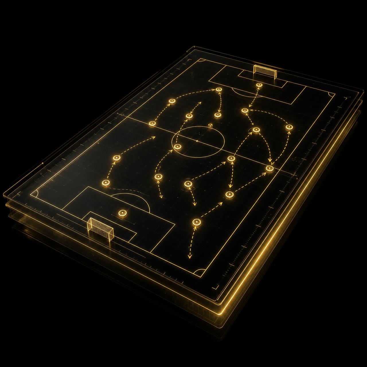 Pizarra táctica tridimensional de M2C con líneas doradas, jugadores y movimientos